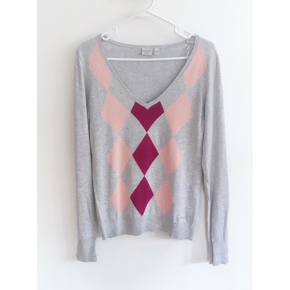 ESPRIT Gray Sweater w/ Pink and Red Argyle Pattern Med NWOT